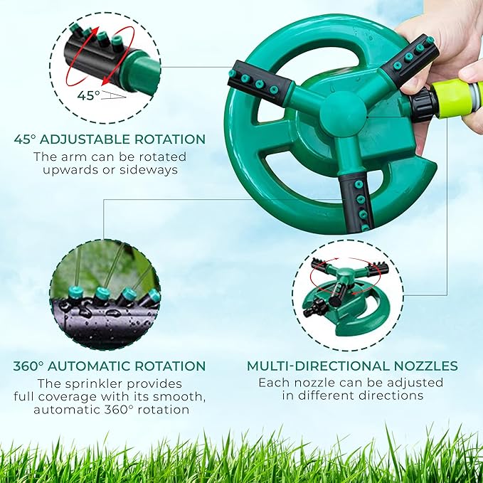 ROOTS & LEAF 360° Automatic Rotating Garden Sprinkler with 45° Adjustable Arms | Durable ABS Material | Coverage up to 32 Feet | for Efficient Watering in Gardens and Lawns (Pack of 1)