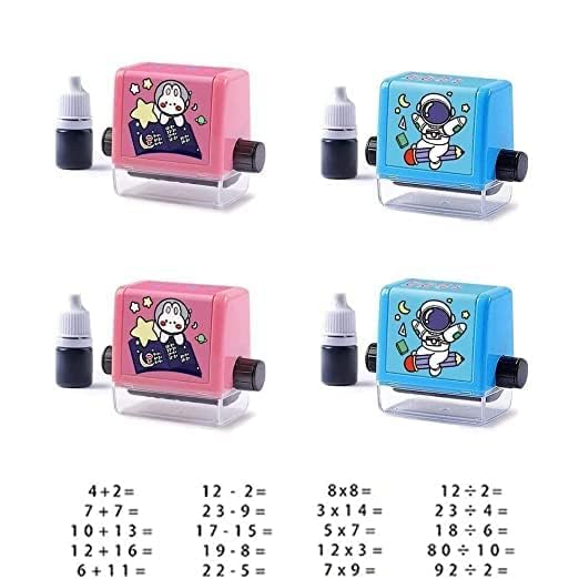 Math Roller Stamp for Addition Subtraction Multiplication Division Roller Number Digital Teaching Stamp Math Practice Number Rolling Stamp (4 Pcs_Multicolor)