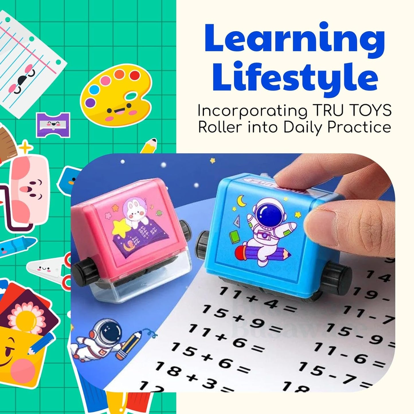 Math Roller Stamp for Addition Subtraction Multiplication Division Roller Number Digital Teaching Stamp Math Practice Number Rolling Stamp (4 Pcs_Multicolor)