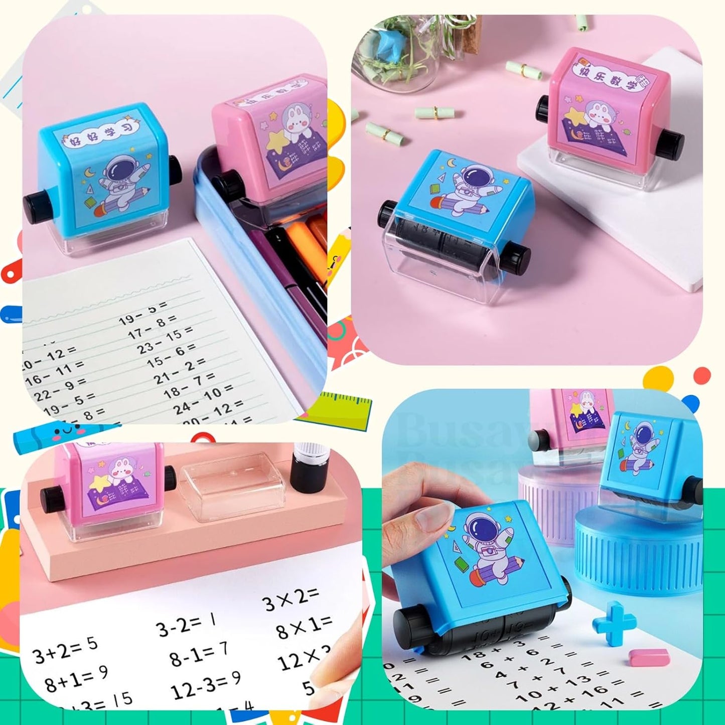 Math Roller Stamp for Addition Subtraction Multiplication Division Roller Number Digital Teaching Stamp Math Practice Number Rolling Stamp (4 Pcs_Multicolor)