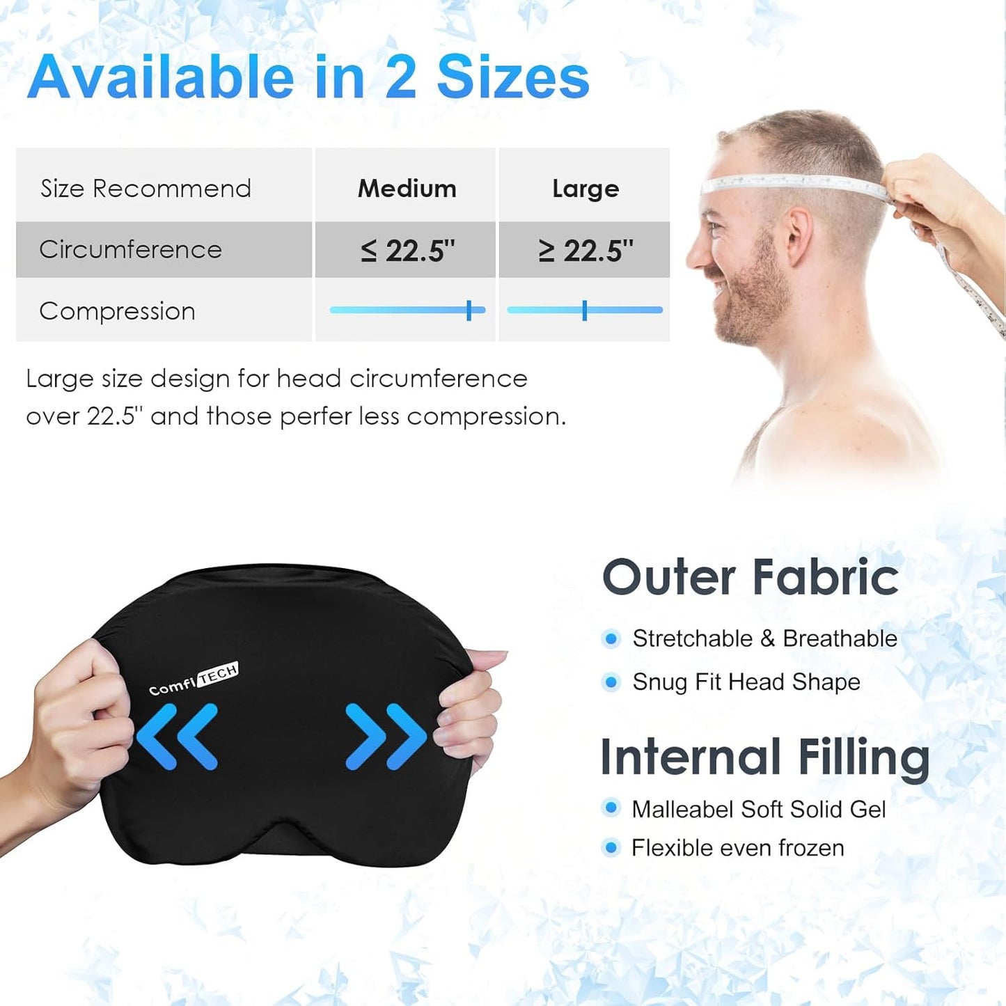 Migraine Ice Head Wrap, Headache Relief Hat for Migraine Cap for Tension Puffy Eyes Migraine Relief Cap for Sinus Headache and Stress Relief Cold Compress (Large Black)
