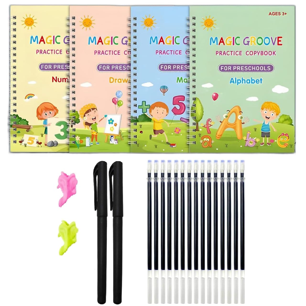 Magic Practice Copybook (4 BOOKS+15 REFILL+2Pen+2Grip) Number Tracing Book for Preschoolers with Pen, Magic Calligraphy Copybook Set Practical Reusable Writing Tool Simple Hand Lettering