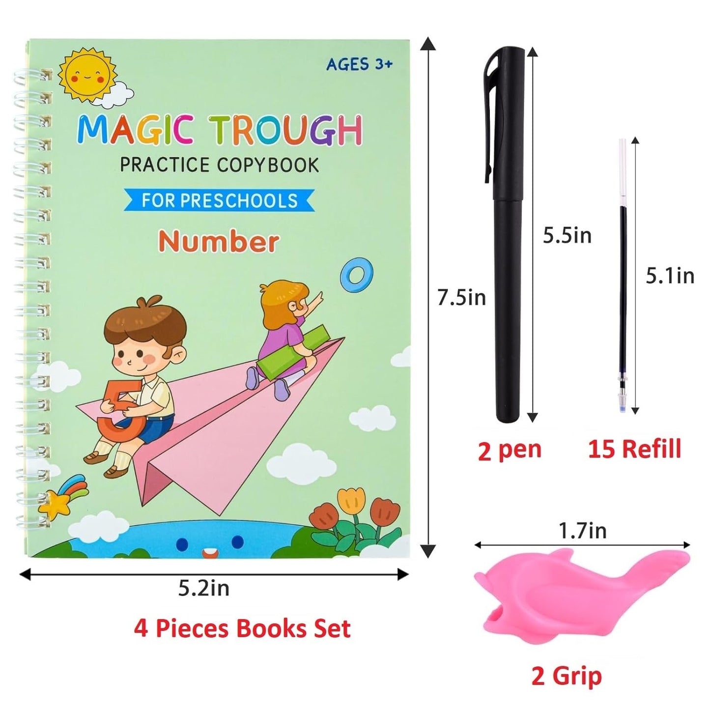 Magic Practice Copybook (4 BOOKS+15 REFILL+2Pen+2Grip) Number Tracing Book for Preschoolers with Pen, Magic Calligraphy Copybook Set Practical Reusable Writing Tool Simple Hand Lettering