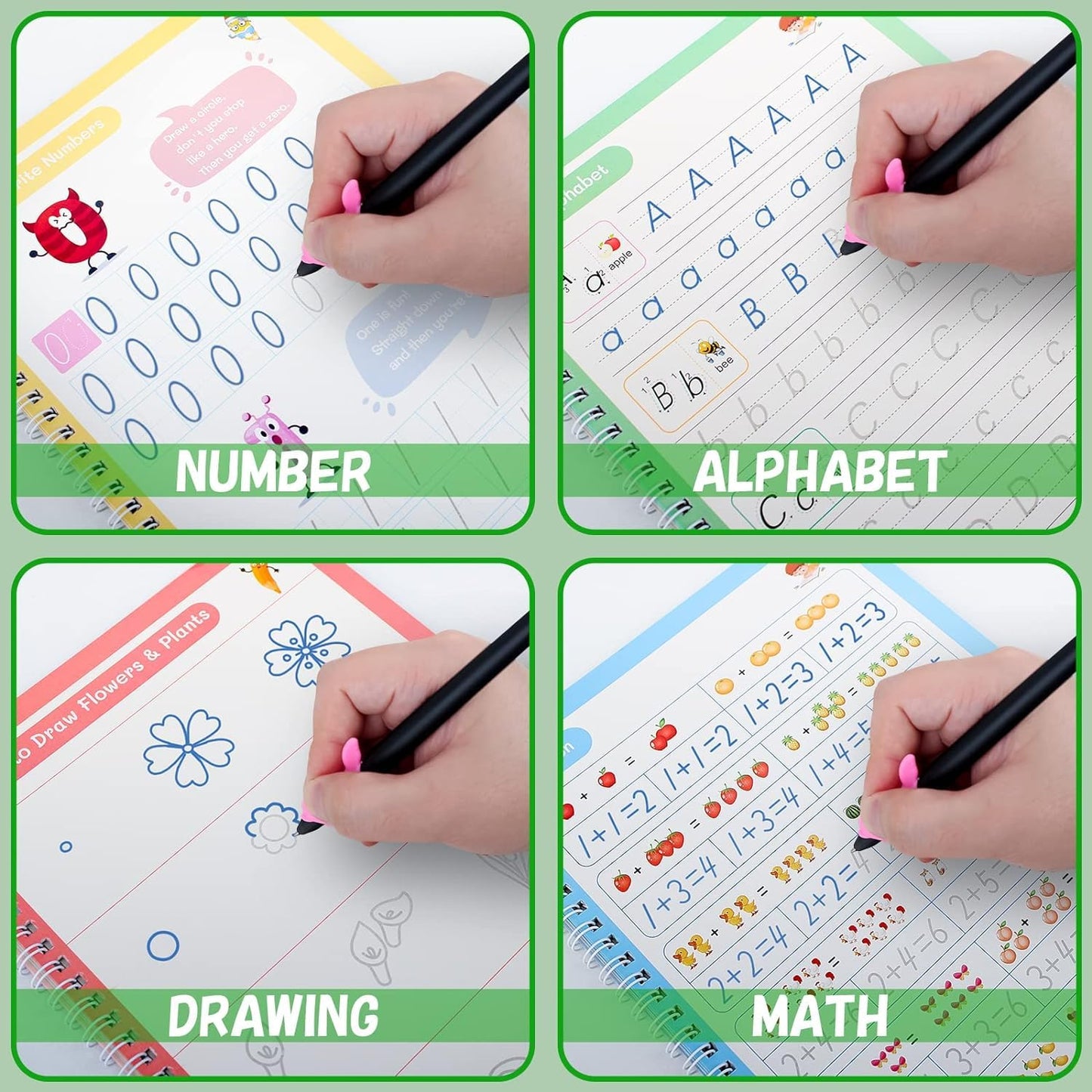 Magic Practice Copybook (4 BOOKS+15 REFILL+2Pen+2Grip) Number Tracing Book for Preschoolers with Pen, Magic Calligraphy Copybook Set Practical Reusable Writing Tool Simple Hand Lettering