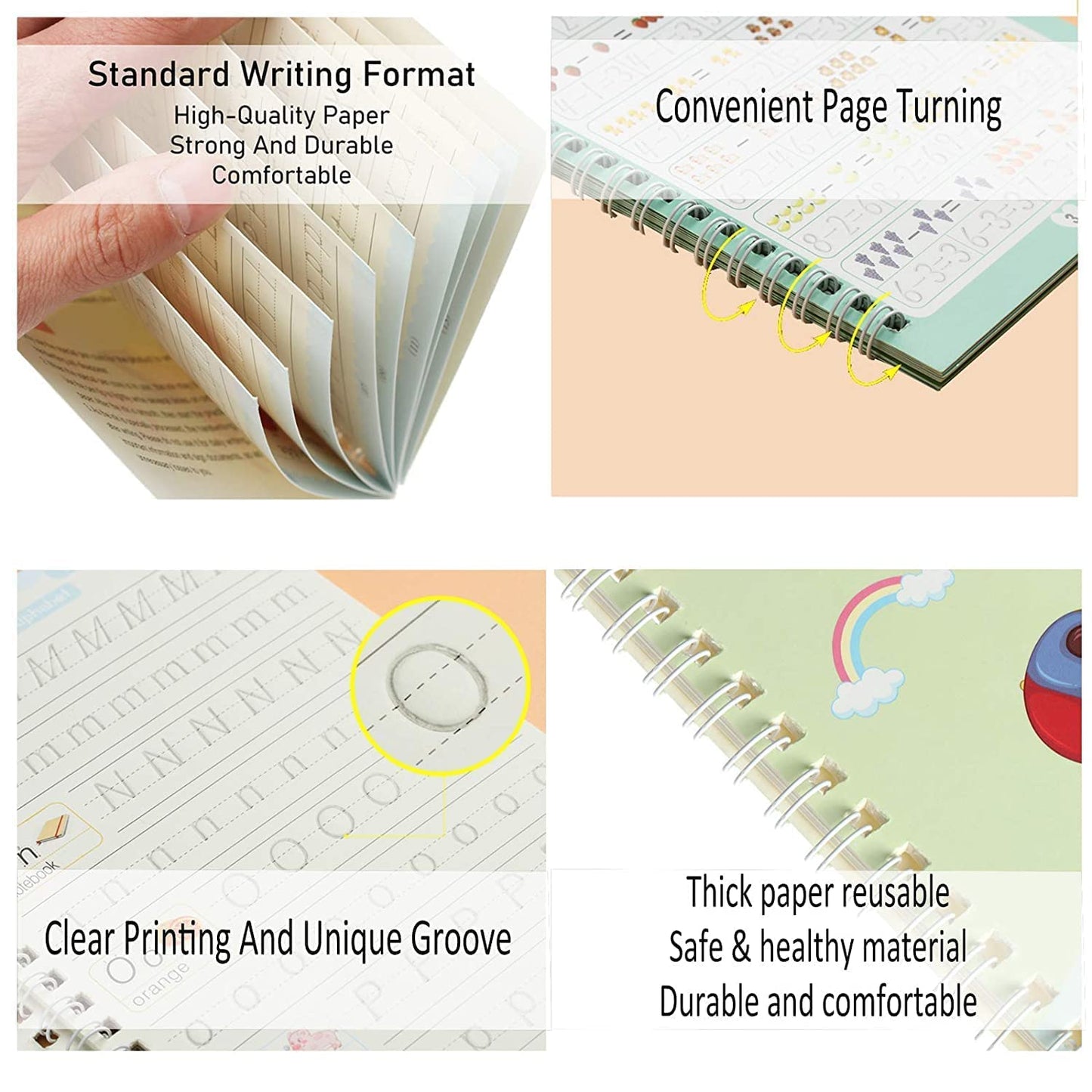 Magic Practice Copybook (4 BOOKS+15 REFILL+2Pen+2Grip) Number Tracing Book for Preschoolers with Pen, Magic Calligraphy Copybook Set Practical Reusable Writing Tool Simple Hand Lettering