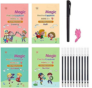 Magic Practice Copybook (4 BOOKS+15 REFILL+2Pen+2Grip) Number Tracing Book for Preschoolers with Pen, Magic Calligraphy Copybook Set Practical Reusable Writing Tool Simple Hand Lettering