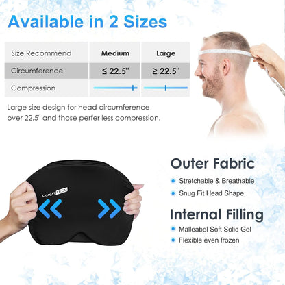 Migraine Ice Head Wrap, Headache Relief Hat for Migraine Cap for Tension Puffy Eyes Migraine Relief Cap for Sinus Headache and Stress Relief Cold Compress (Large Black)