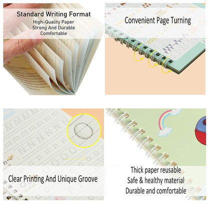 Magic Practice Copybook (4 BOOKS+15 REFILL+2Pen+2Grip) Number Tracing Book for Preschoolers with Pen, Magic Calligraphy Copybook Set Practical Reusable Writing Tool Simple Hand Lettering
